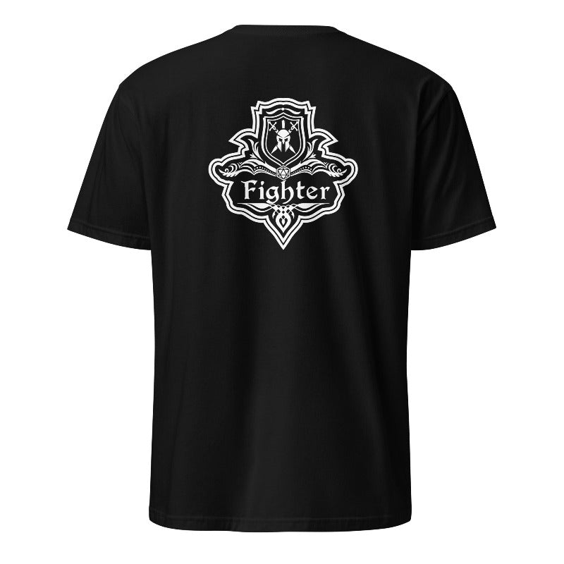 Black t-shirt with 'Fighter' design on the back against a white background