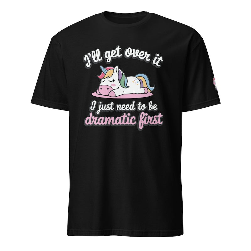 Black t-shirt with a unicorn graphic and text on a white background