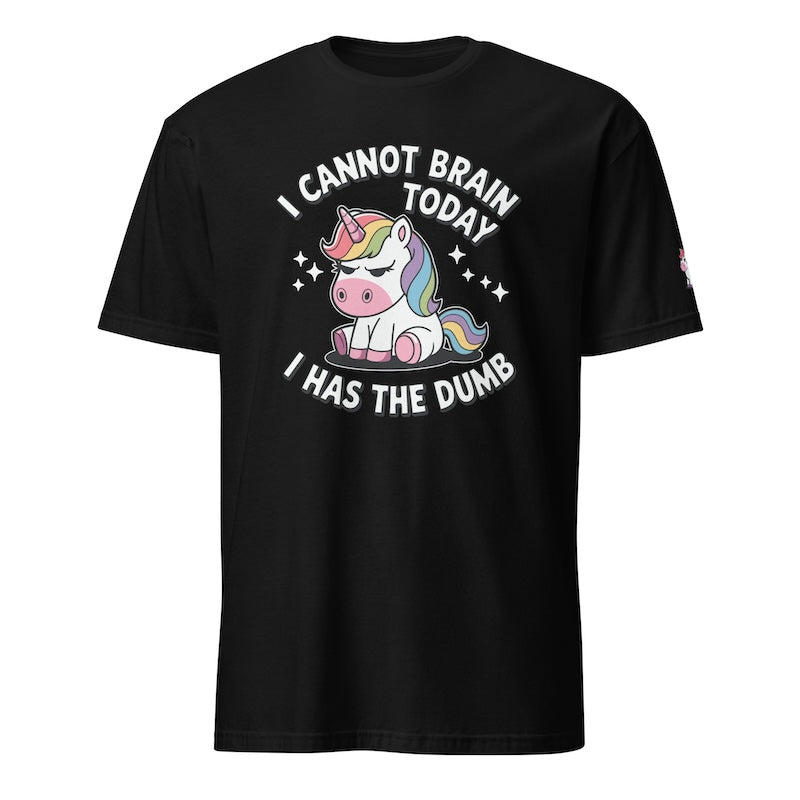 Black t-shirt with a unicorn graphic and text on a white background