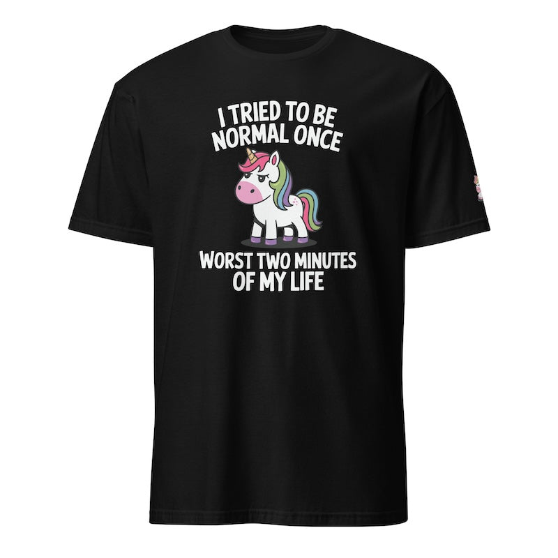 Black t-shirt with a unicorn graphic and humorous text on a white background