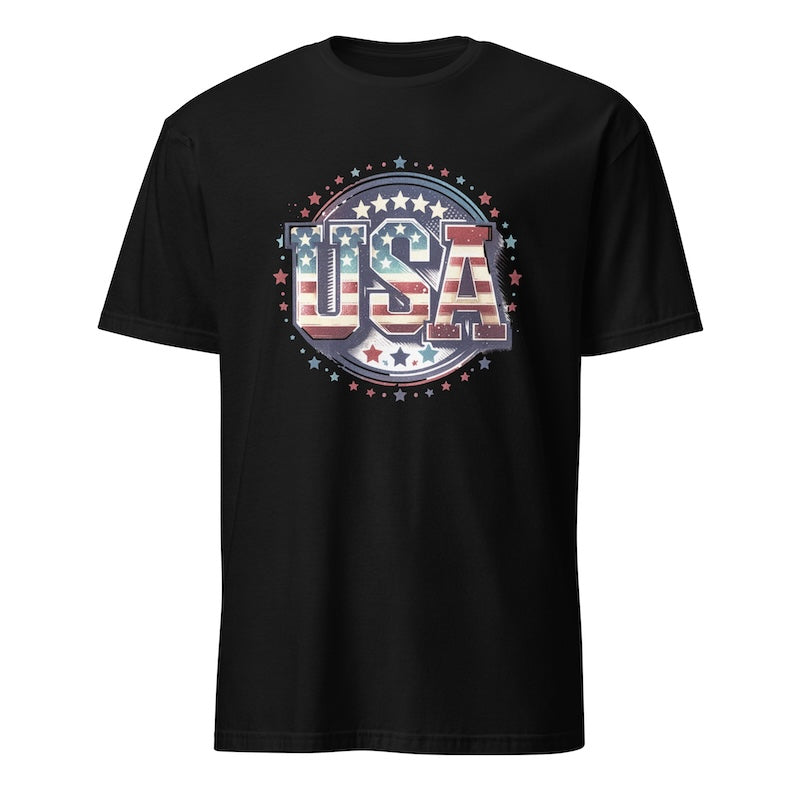 Black t-shirt with 'USA' graphic design featuring stars and stripes on a white background