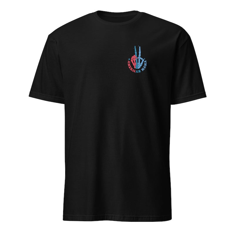 Black t-shirt with a peace sign design on a white background