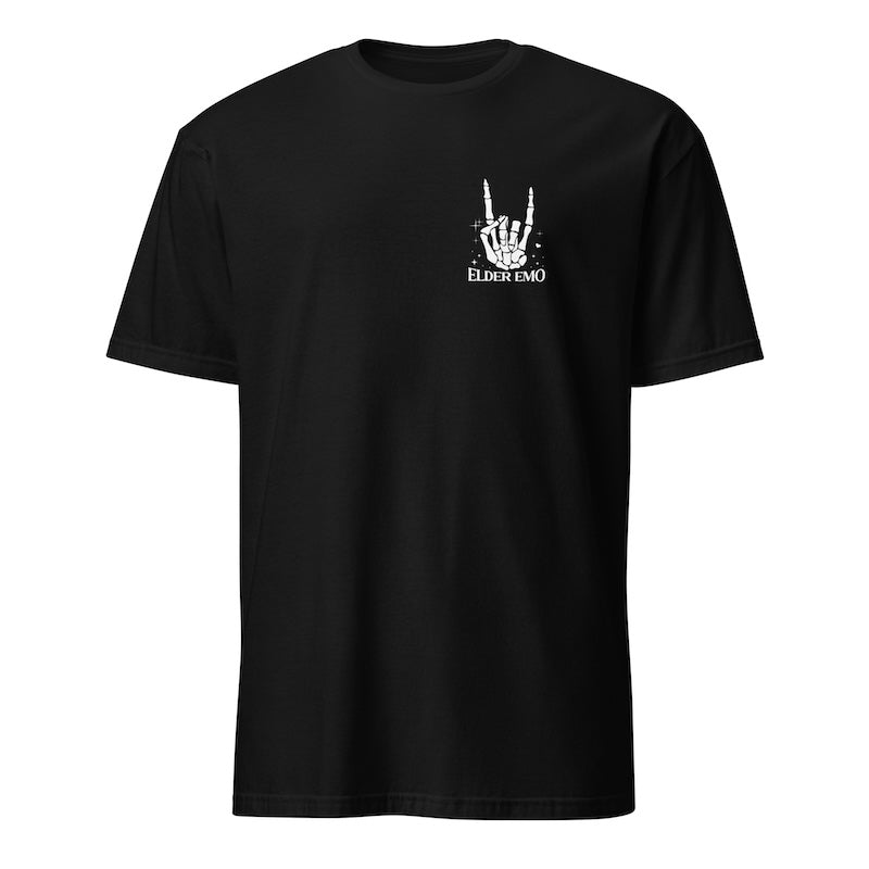 Black t-shirt with a white graphic and text on a white background