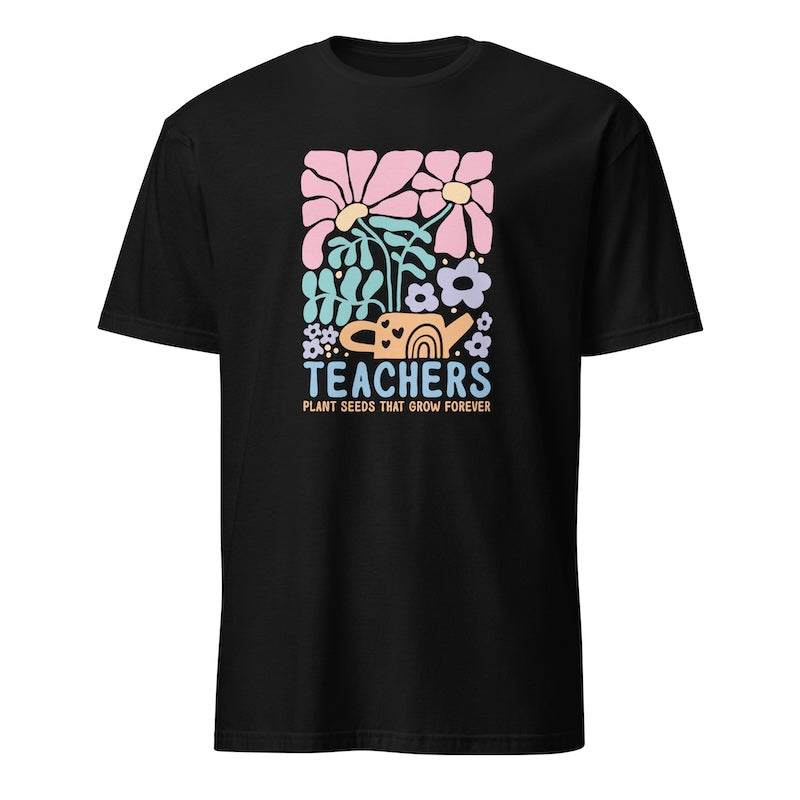 Black t-shirt with colorful graphic and 'Teachers' text on a white background