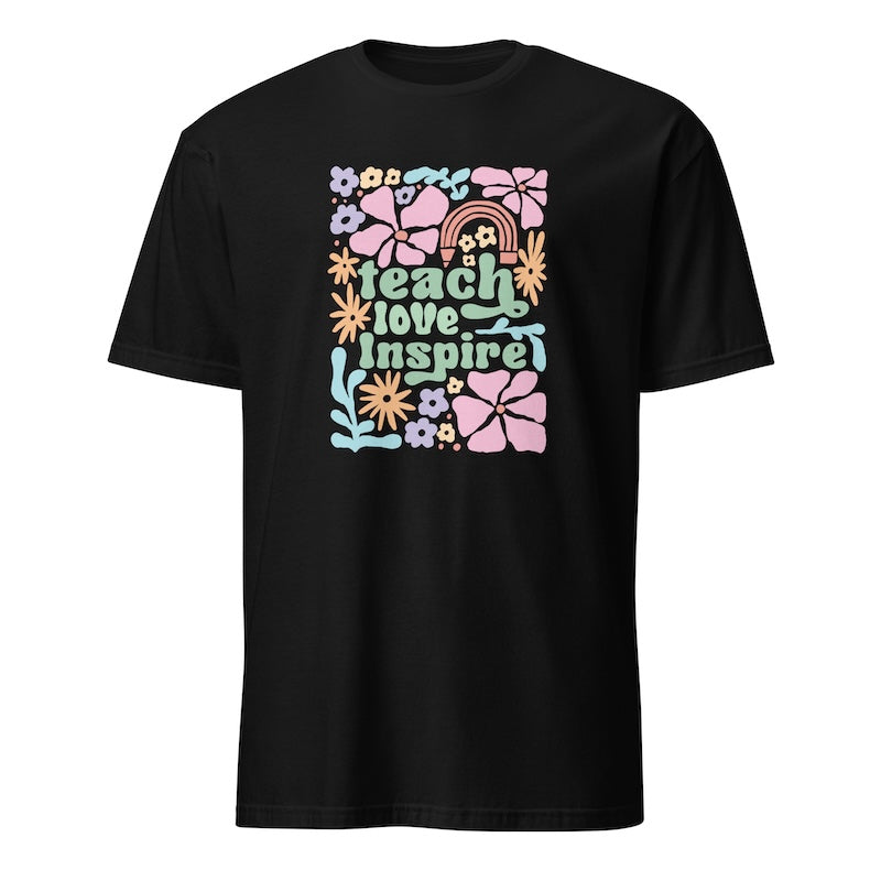 Black t-shirt with colorful graphic design and text on a white background