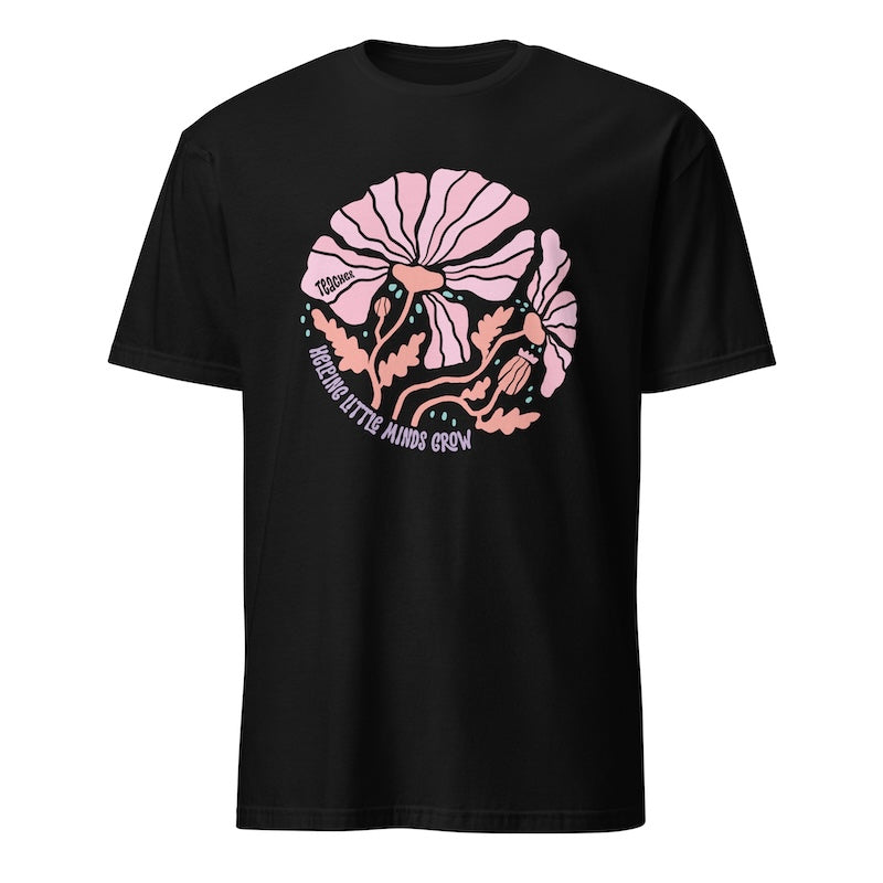 Black t-shirt with pink graphic design on a white background