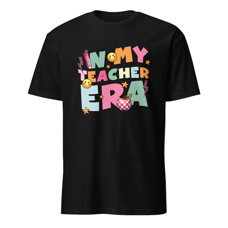 Black t-shirt with colorful text design on a white background