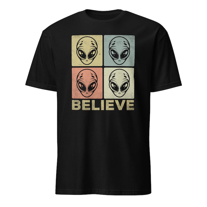 Black t-shirt with alien head graphic and 'BELIEVE' text on a white background