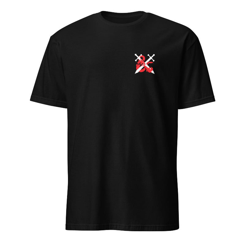 Black t-shirt with a red and white logo on the chest against a white background