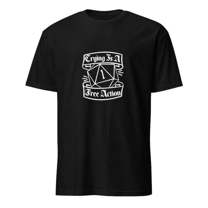 Black t-shirt with white graphic and text on a white background