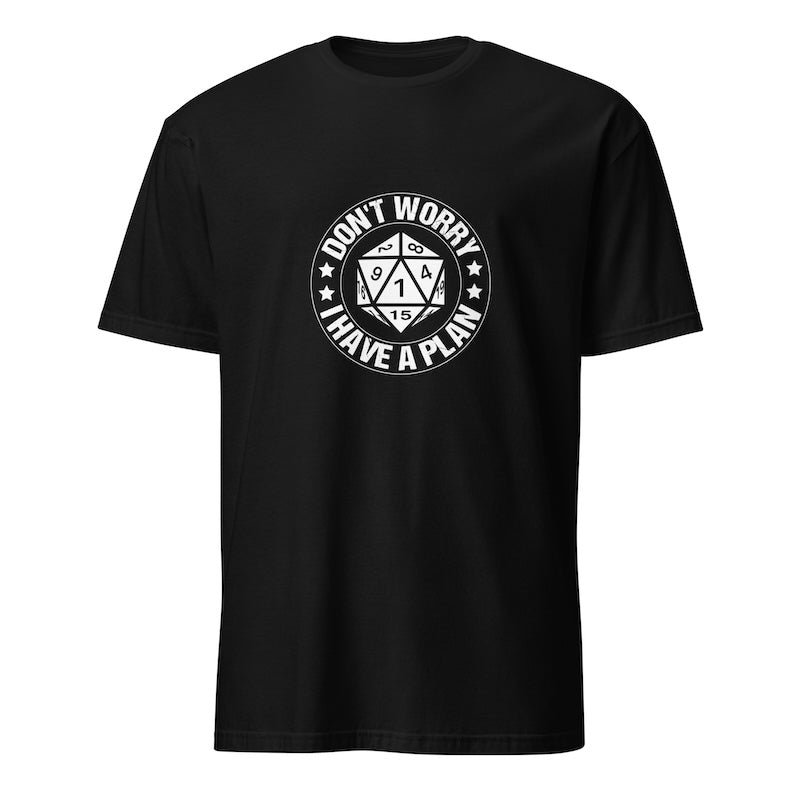 Black t-shirt with a white graphic and text on a white background
