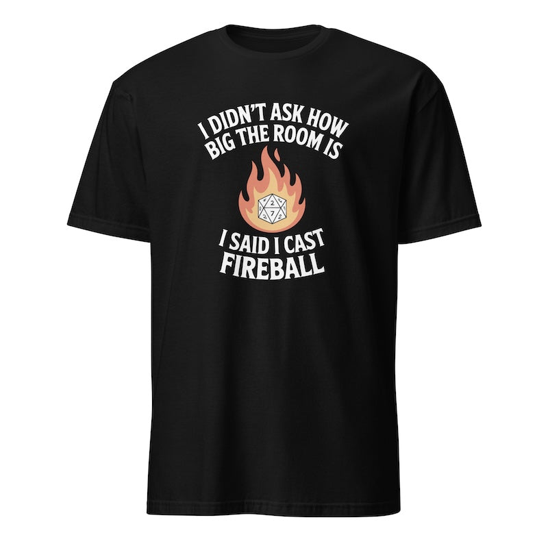 Black t-shirt with a graphic and text on a white background