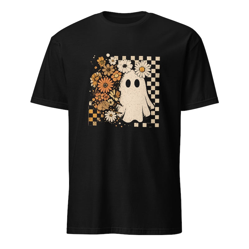 Black t-shirt with a ghost and floral design on a white background