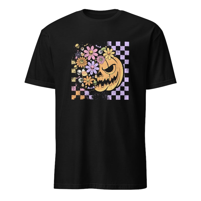 Black t-shirt with a Halloween-themed design featuring a jack-o'-lantern face and flowers on a checkered background.
