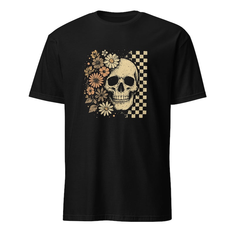 Black t-shirt with a skull and floral design on a checkered background