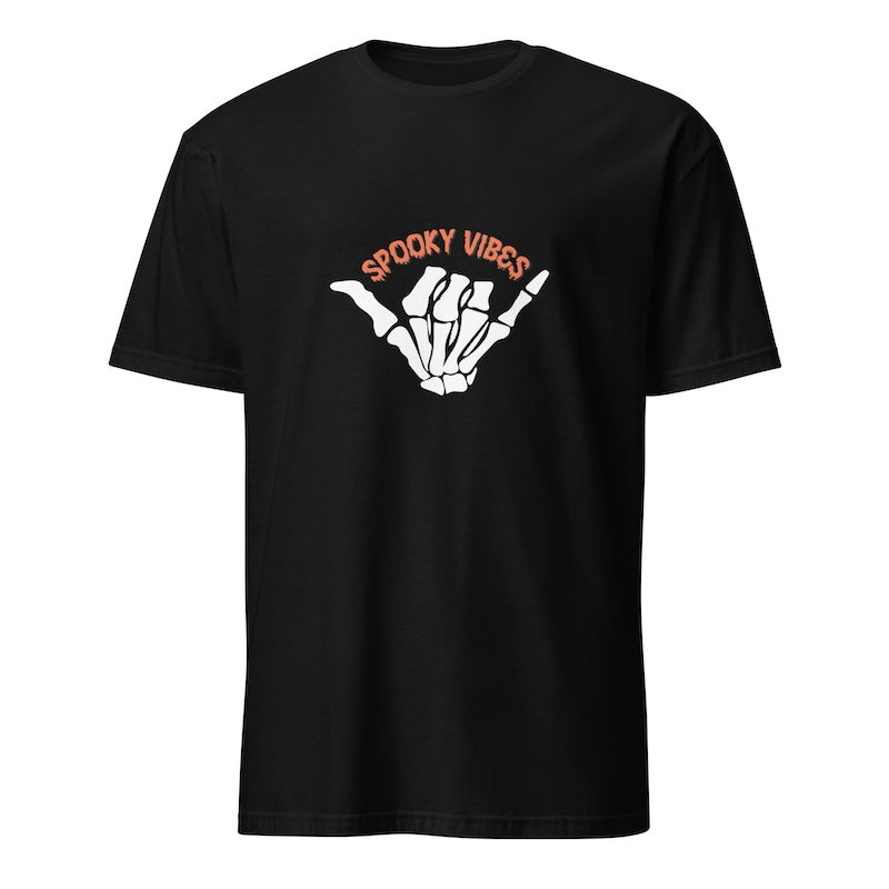 Black t-shirt with a hand sign and 'Spooky Vibes' text on a white background