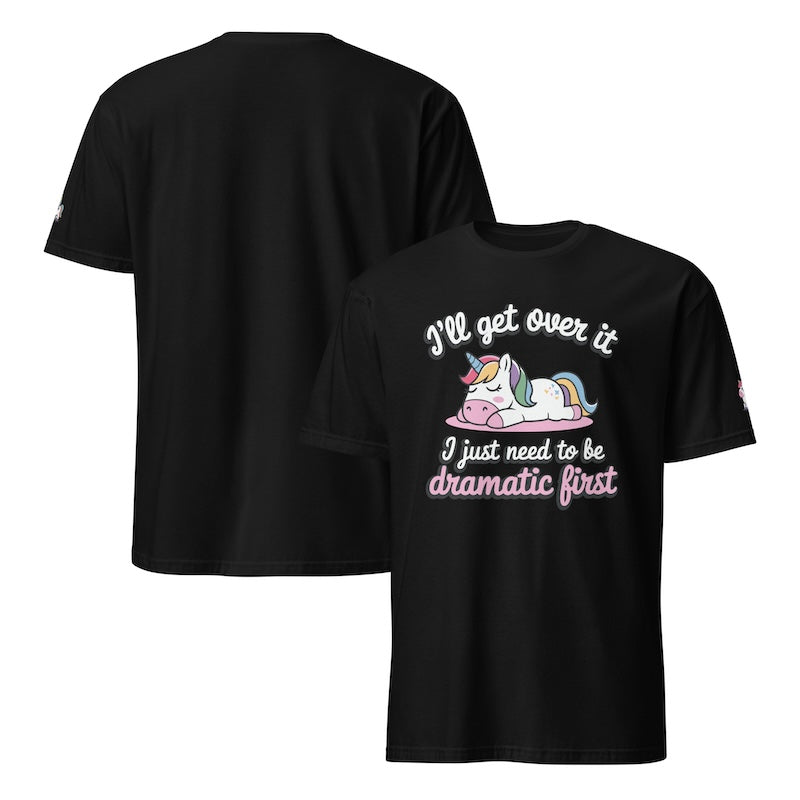 Black t-shirt with unicorn graphic and text on a white background
