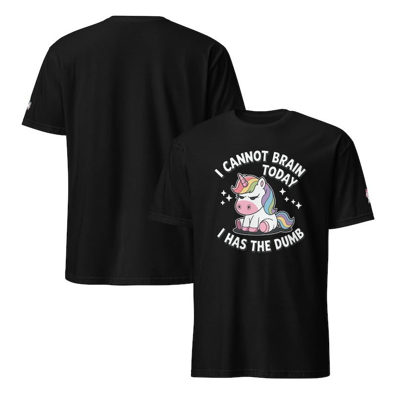 Black t-shirt with a unicorn graphic and text on a white background