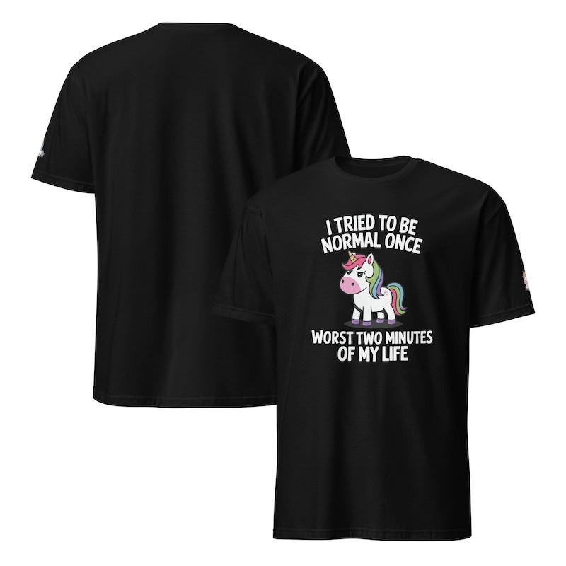 Black t-shirt with unicorn graphic and text on a white background