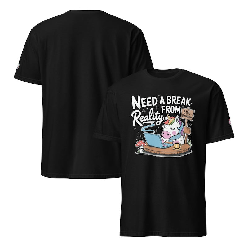 Black t-shirt with cartoon design and text 'Need a Break from Reality' on a white background