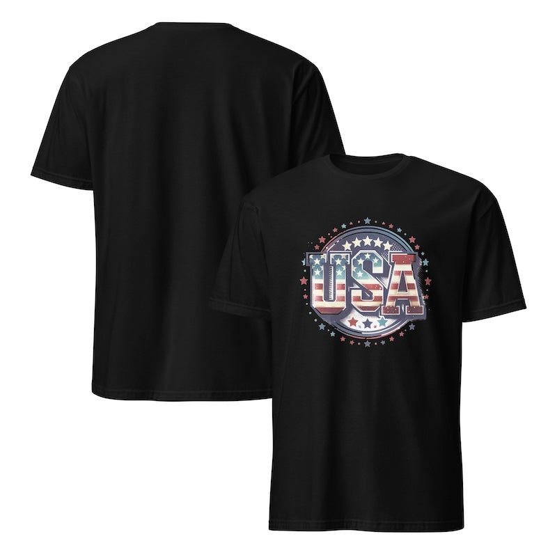 Black t-shirt with 'USA' design on a white background