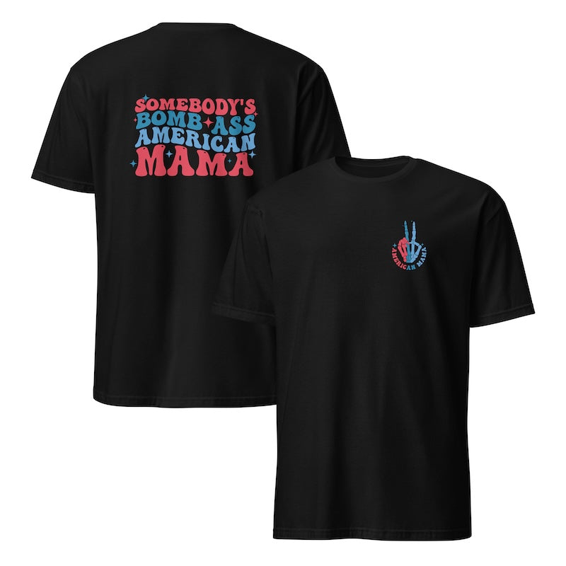 Black t-shirt with colorful text and peace sign design on a white background