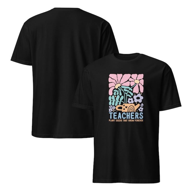 Black t-shirt with colorful floral design and 'Teachers' text on a white background