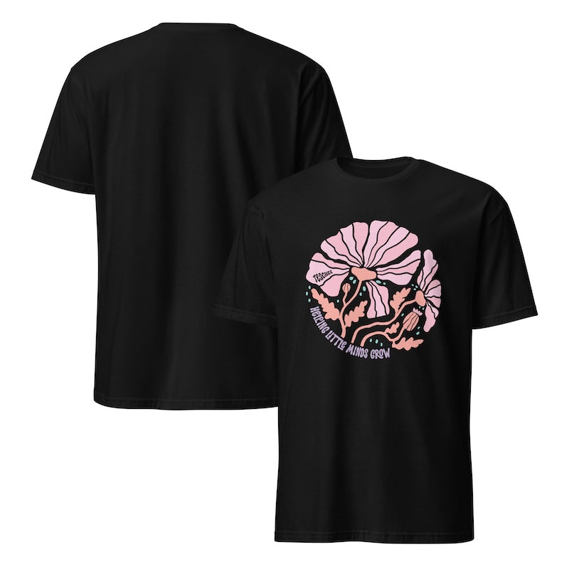 Black t-shirt with pink and white graphic design on a white background