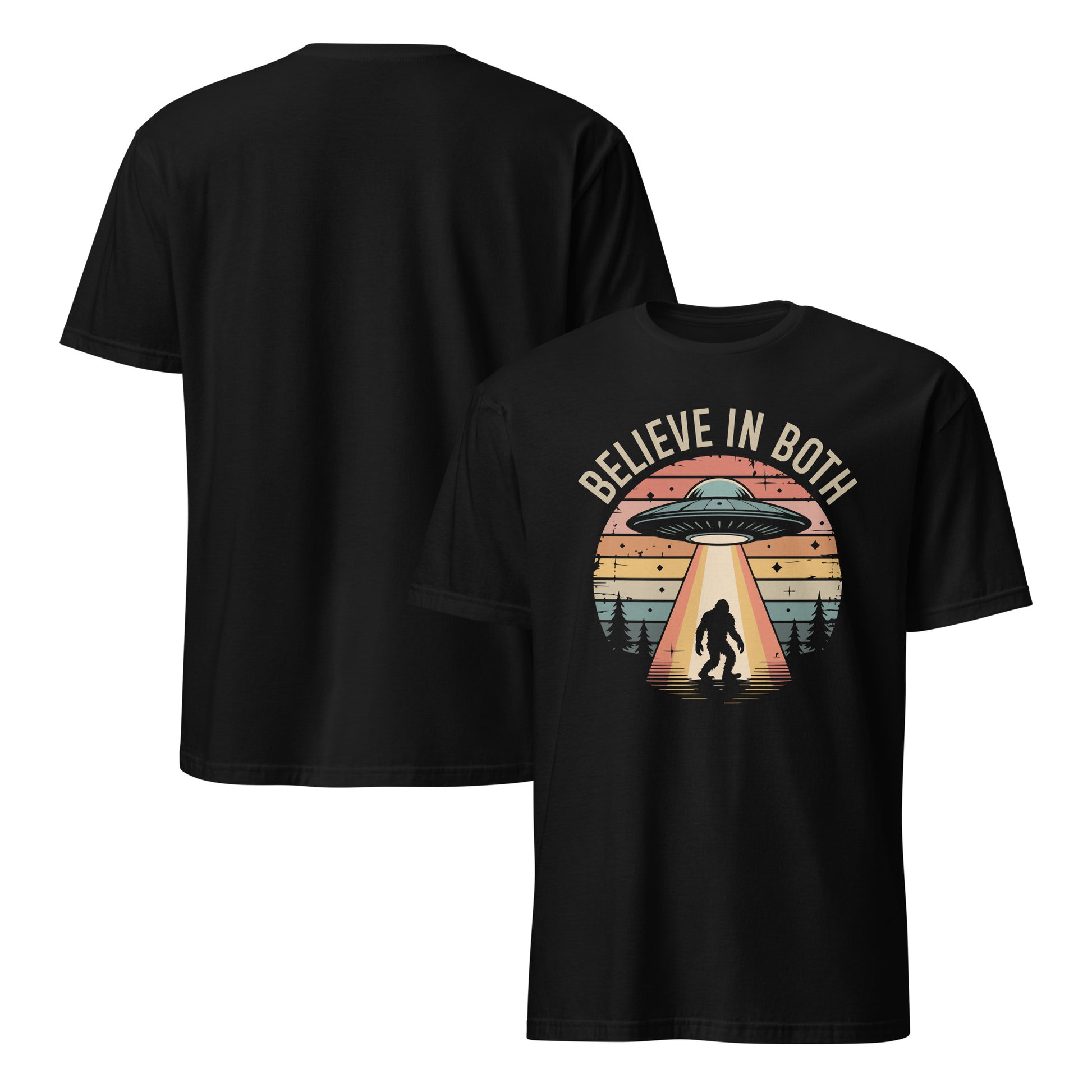 Black t-shirt with 'Believe in Both' graphic design featuring a UFO and Bigfoot silhouette on a white background.