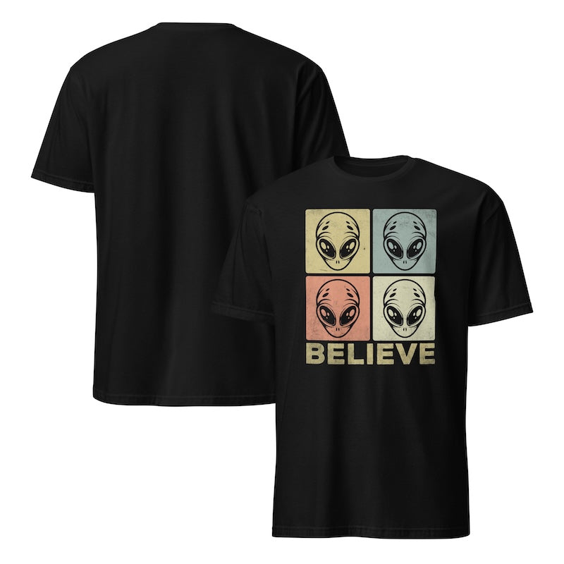 Black t-shirt with alien graphic and 'BELIEVE' text on a white background