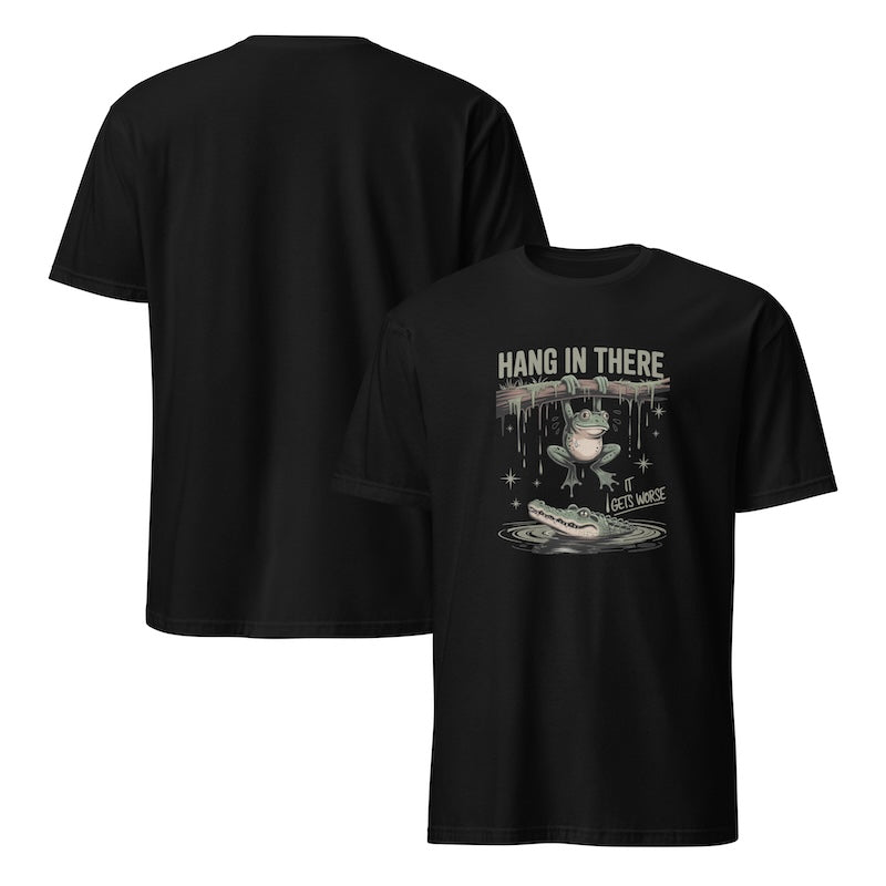 Black t-shirt with graphic design and text 'Hang in There' on a white background