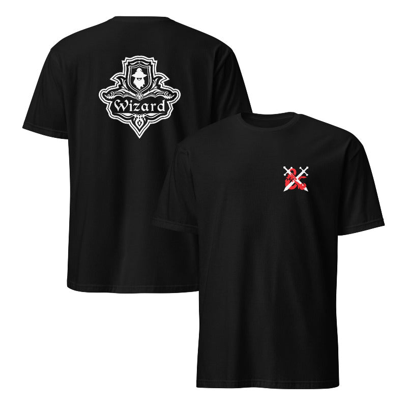 Black t-shirt with white and red designs on a white background
