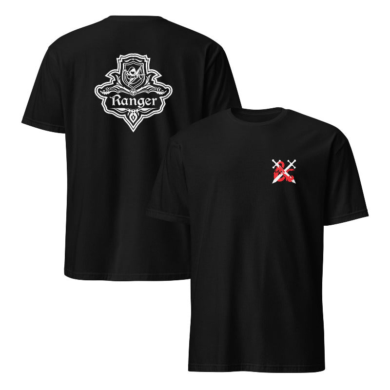 Black t-shirt with white and red graphics on a white background