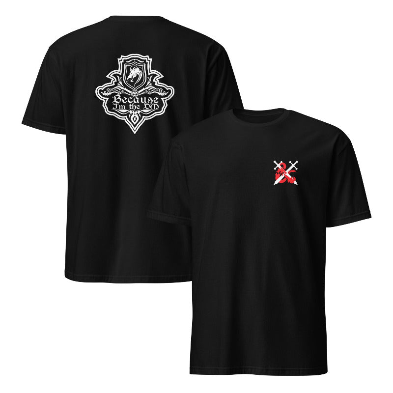 Black t-shirt with white and red designs on a white background