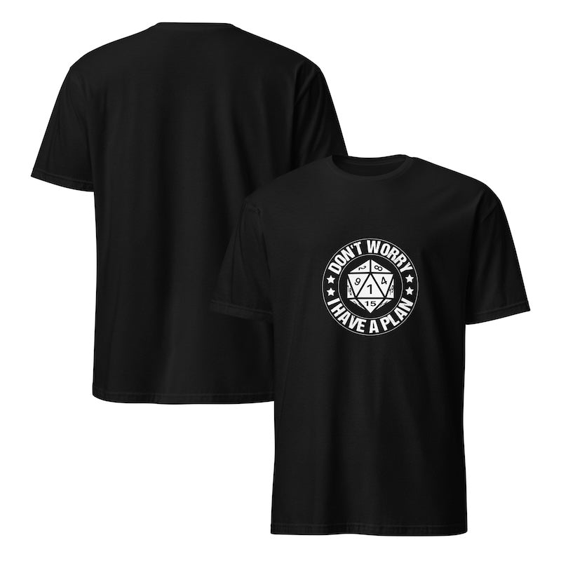 Black t-shirt with a white graphic design on the front, displayed on a white background.