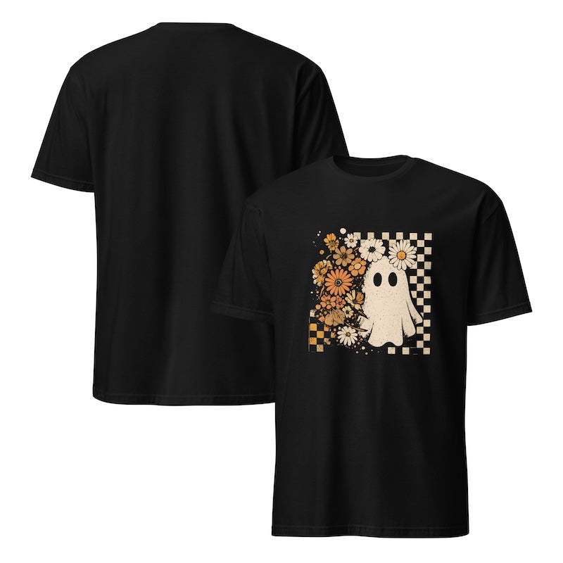 Black t-shirt with a ghost and floral design on a white background