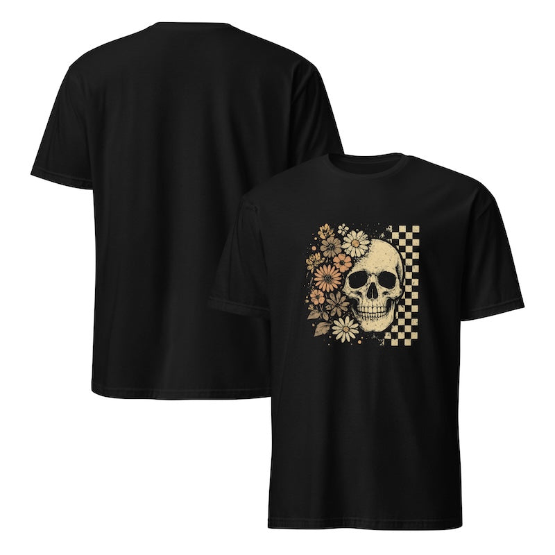 Black t-shirt with a skull and floral design on a checkered background