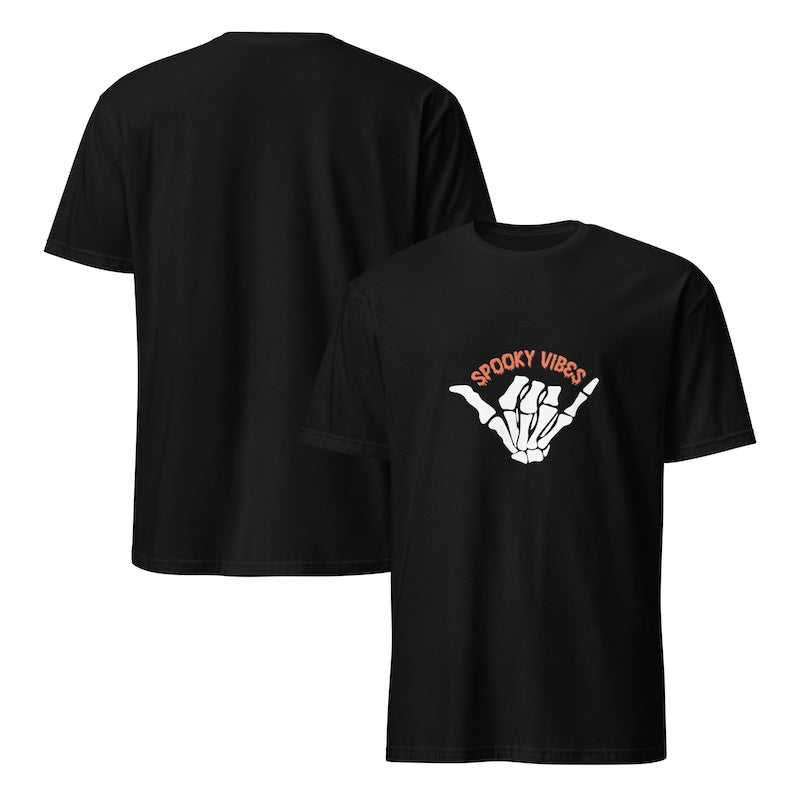 Black t-shirt with 'Spooky Vibes' design on a white background