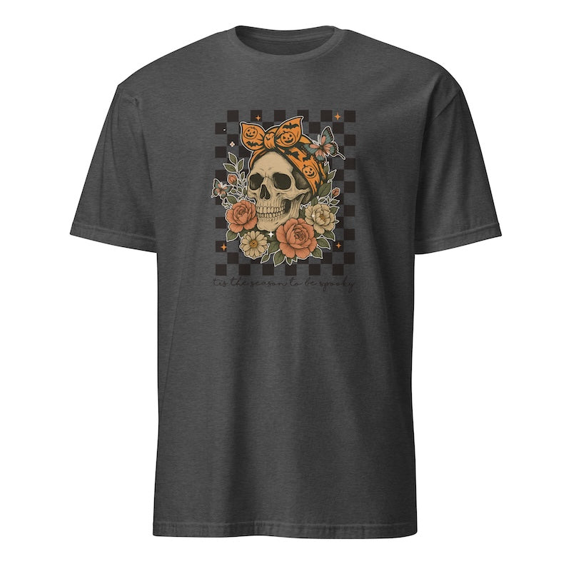 Dark gray t-shirt with a skull and floral design on a checkered background