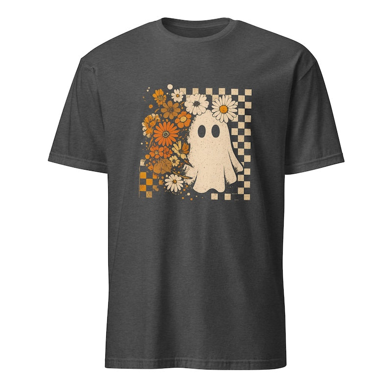 Dark gray t-shirt with a ghost and floral design on a white background