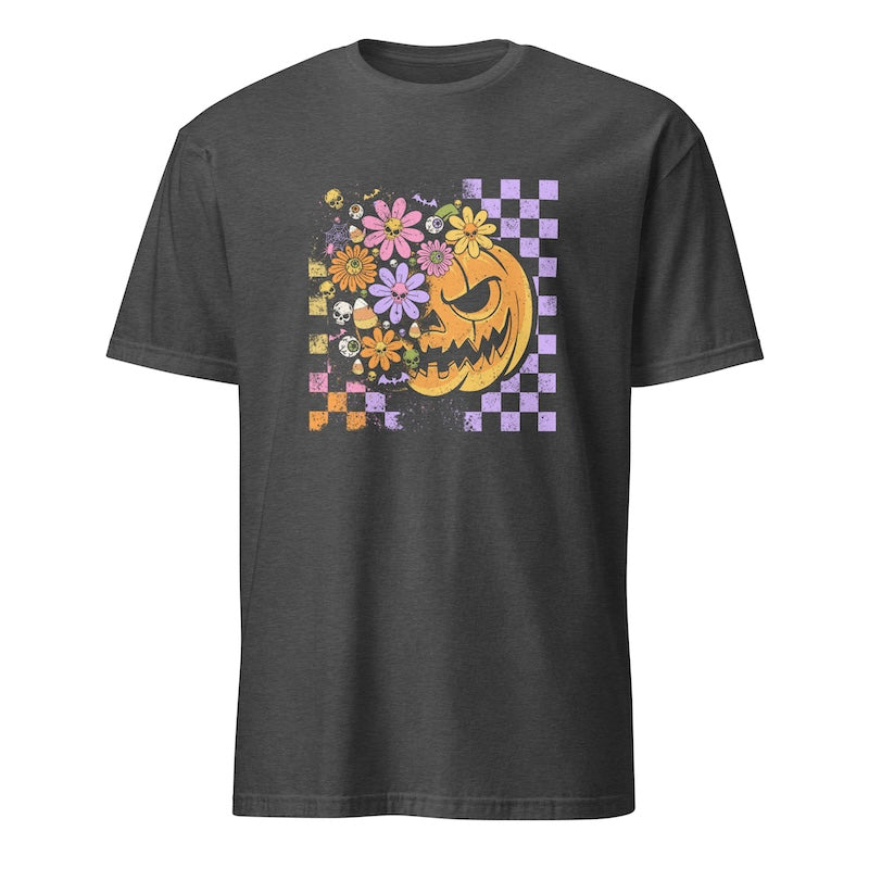 Black t-shirt with a colorful pumpkin design on a white background