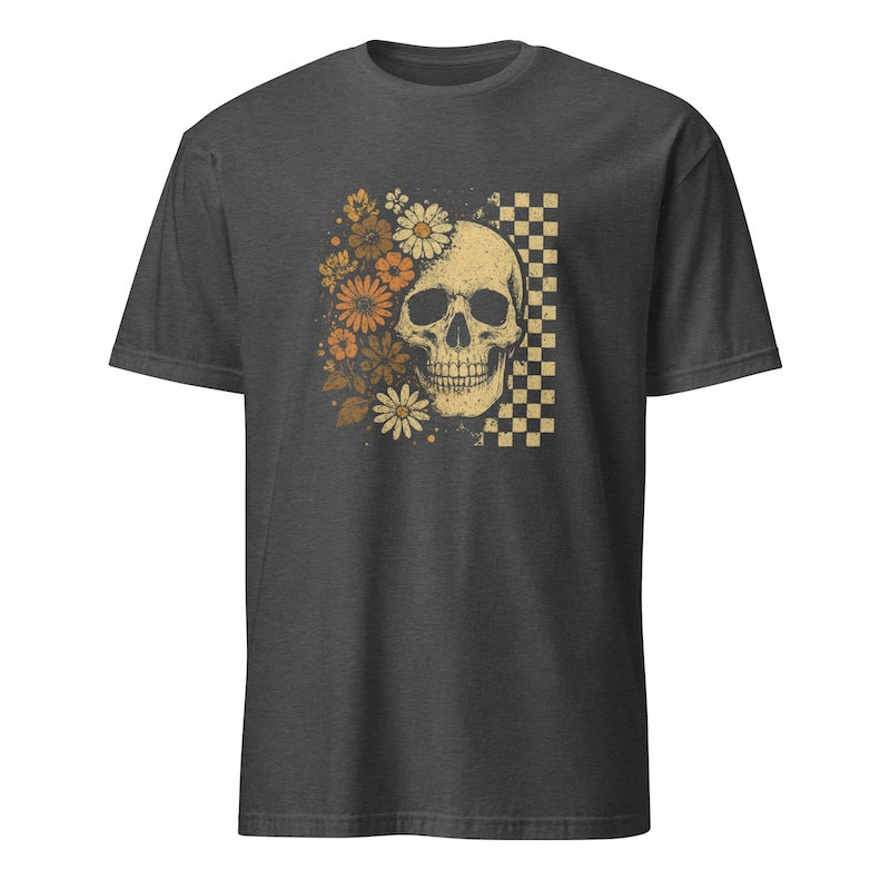 Dark gray t-shirt with a skull and floral design on a white background