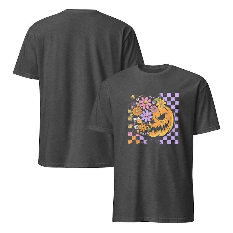 Black t-shirt with a colorful pumpkin design on the front, shown from both front and back views.