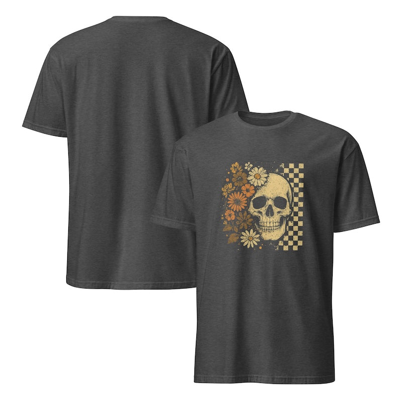 Black t-shirt with a skull and floral design on a white background