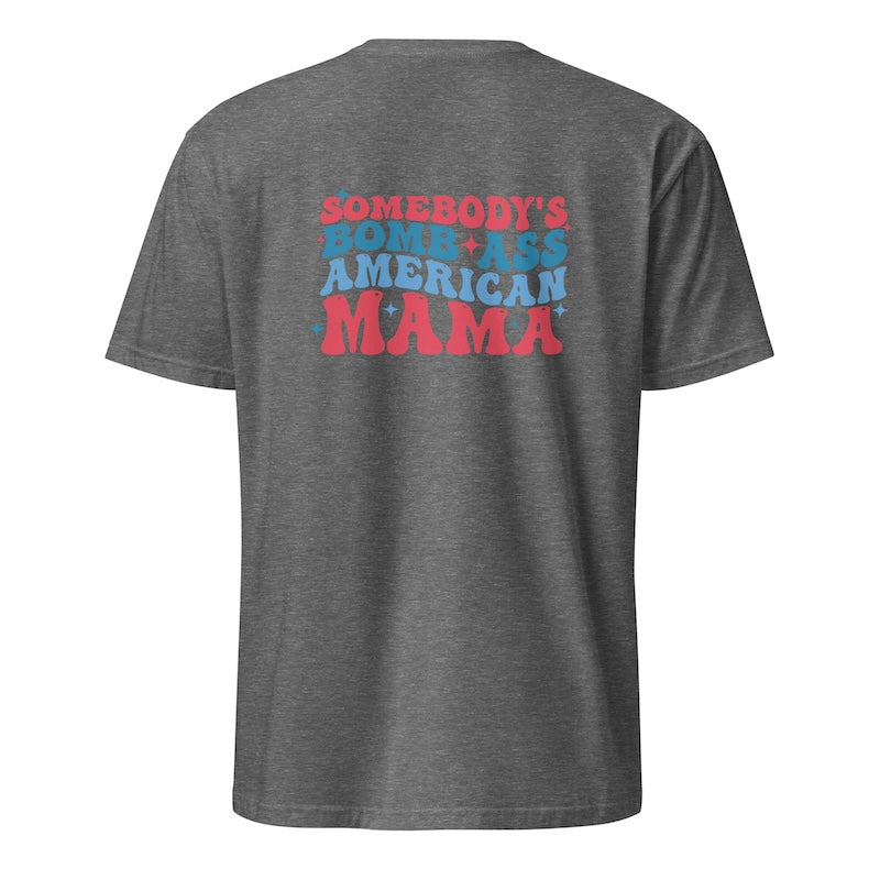 Gray t-shirt with colorful text on the back against a white background