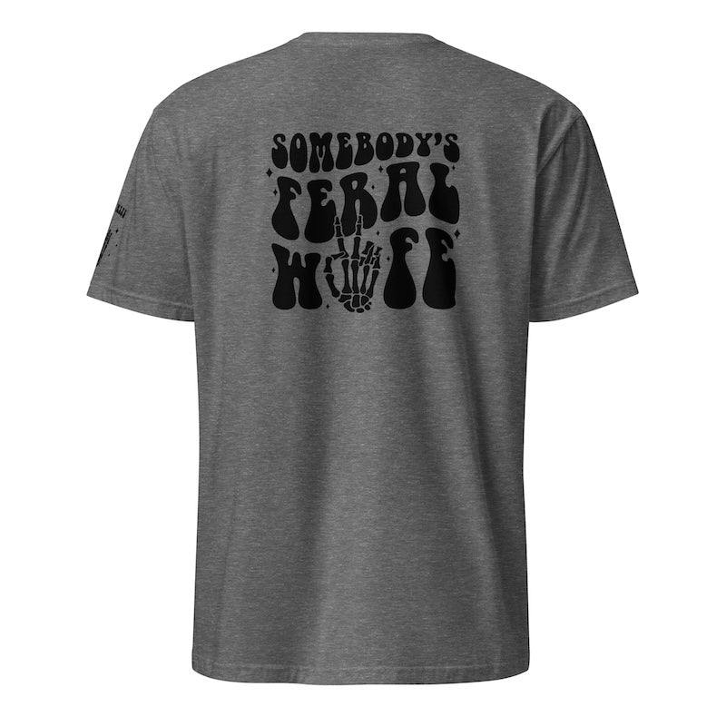 Gray t-shirt with black graphic design on the back against a white background