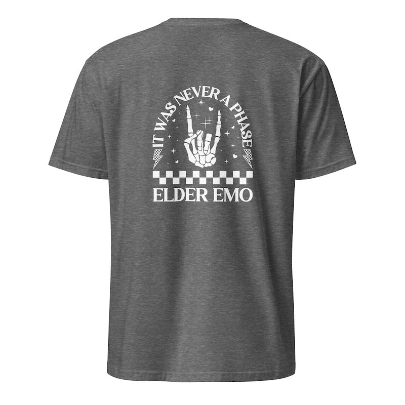 Gray t-shirt with white graphic and text on a white background