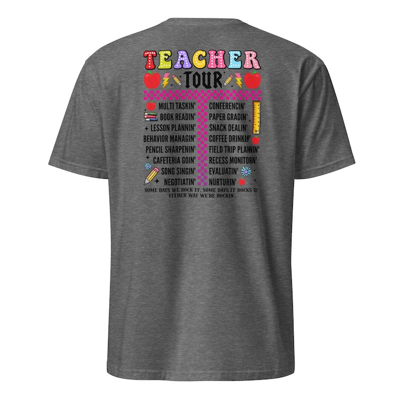 Gray t-shirt with colorful text and graphics on the back, featuring the word 'Teacher'.