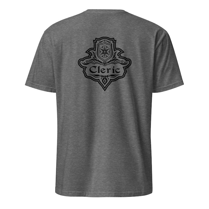 Gray t-shirt with black 'Cleric' emblem on the back against a white background