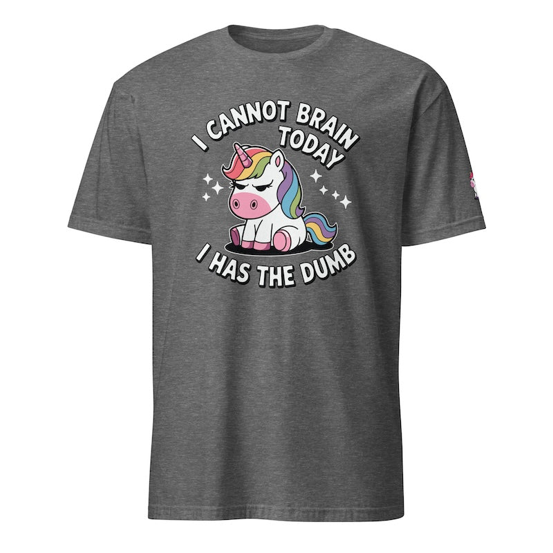 Gray t-shirt with a unicorn graphic and humorous text on a white background